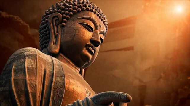 Serene Buddha statue basking in warm sunlight with tranquil expression