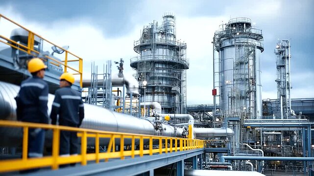 Steel storage tanks and complex piping systems dominating industrial refinery landscape, faceless workers visible on platforms overseeing operations, with copy space