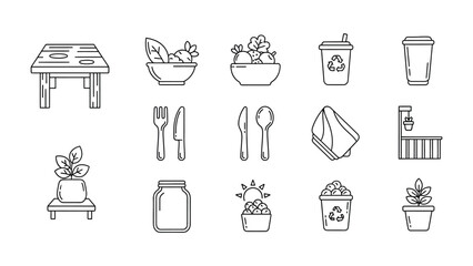 Minimalist Dining Illustration: A collection of simple, line-drawn icons depicting various dining and food-related items, offering a clean, modern aesthetic. 