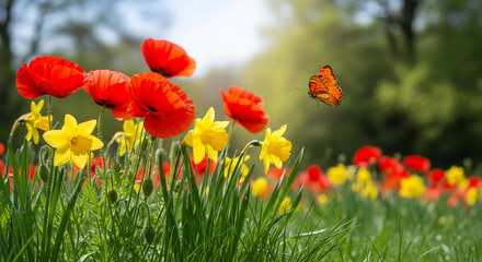 Obraz premium Field of red poppy and yellow daffodil, orange butterfly. Represents nature's beauty, vibrant color and life cycle, perfect for spring or summer concepts