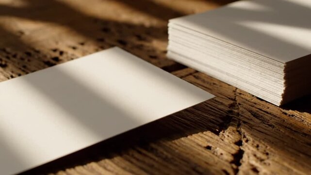 Blank business cards stack on rustic wooden table