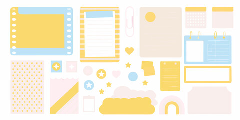 Colorful stationery set with various elements arranged on a white background