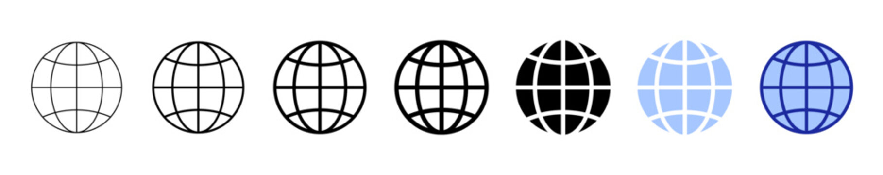 World Icon Black, Wireframe Earth Illustration, Planet Symbol, globe Logo, World Wide Web Isolated, illustration. Outline and Flat Style Variations