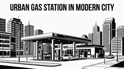gas station located in a modern city street with fuel pumps cars and lighting representing urban transportation energy supply and daily travel services