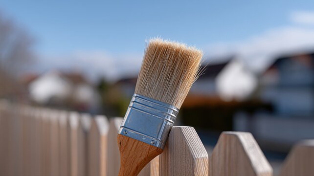 Pinselauftrag zum Beizen von Gartenzaunpaneelen im sonnigen Hinterhof f&uuml;r eine Hausrenovierung
