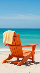 Naklejka premium Orange beach chair with a pale yellow towel on sandy beach, representing relaxation and vacation, ideal for promoting holidays or calm atmosphere