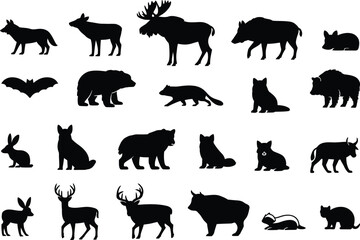 Fototapeta premium Wild animal silhouettes collection, fox, deer, moose, bear, cat, dog, rabbit, bison, bat, ox, donkey, skunk, wildlife vector illustration