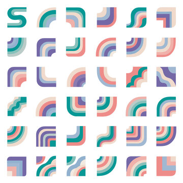 Abstract geometric shapes with rounded corners in pastel colors, a set of modern graphic design elements
