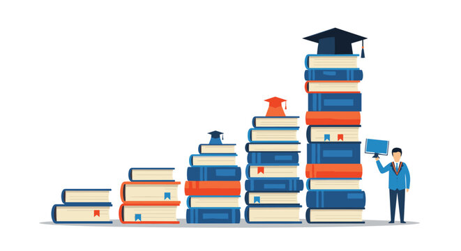 Educational progression shown through increasing stacks of books with graduation caps and a student holding a diploma or certificate.