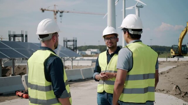 Three construction workers in safety gear discussing project at industrial site