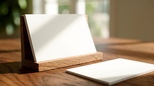 Blank white business cards in holder on wooden desk