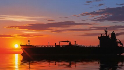 Obraz premium Silhouette of a cargo ship at sunset on calm waters with a vibrant sky