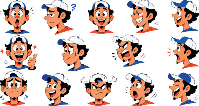 Cartoon boy avatar emotions set, expressive male character faces in multiple poses flat vector icons 