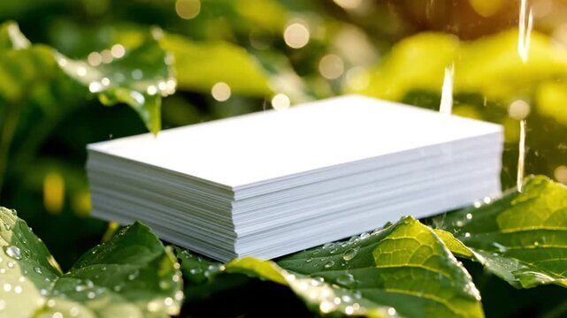 Blank white card stack on green wet leaves outdoors