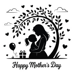Mother and daughter embracing under tree with hearts and balloon