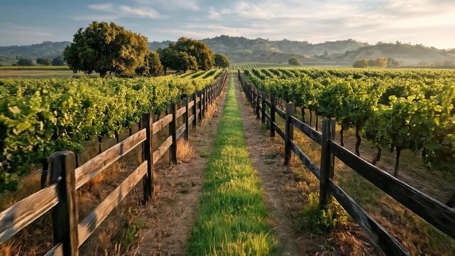 Golden hour vineyard: lush rows lead to scenic mountain landscape with majestic oak tree