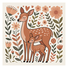 Mother deer and fawn surrounded by flowers and hearts