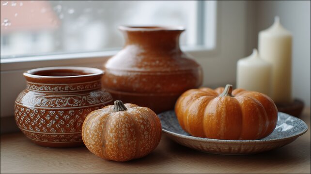 Gem&uuml;tliche Herbstk&uuml;che mit K&uuml;rbissen und Kerzen an einem regnerischen Fenster in einer hellen und farbintensiven Umgebung