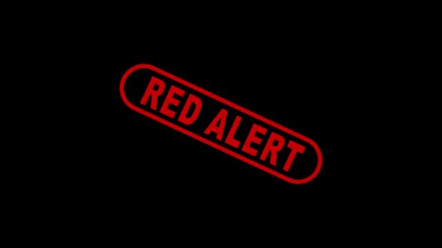 Red Alert Stamp Label Animation on Black Background for Emergency Warning and Broadcast Media Notification 4K Motion Graphics Animation