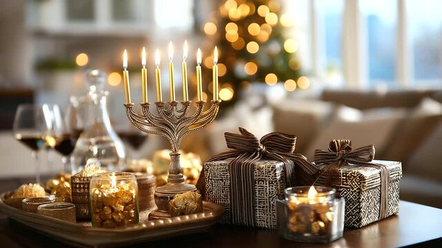 Festive home interior decorated for Hanukkah holiday with lit menorah dreidels gelt and gifts creating warm celebration scene, with copy space