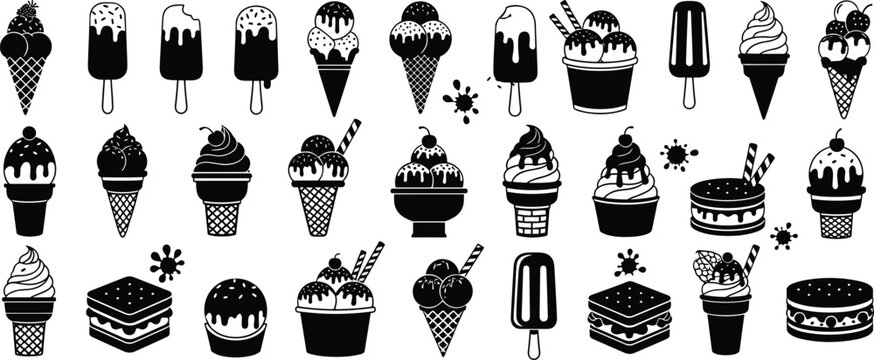Black ice cream vector silhouette set with sweet summer desserts cones sundaes and popsicles isolated on white background for design