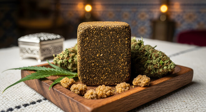 Premium hashish block and dried cannabis buds on wooden tray in traditional ornate setting. generated-AI