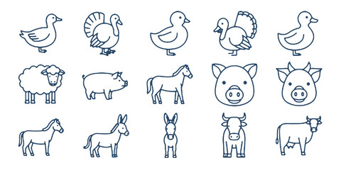 Fototapeta premium Farm animals line icon set. Vector pictograms of domestic goose, duckling, duck, sheep, horse, pig, thin linear blue illustration.