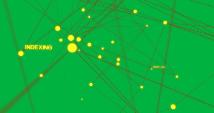 First red stroke sparking network, linking yellow hubs to form dense tri mesh on transparent panel