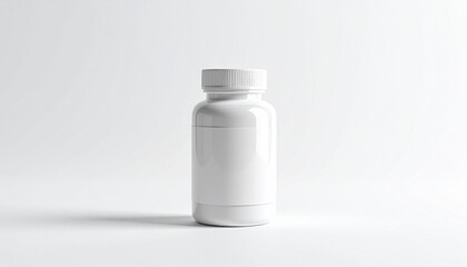 Unlabelled white pill bottle with cap on white surface, surrounded by two solid white capsules and two transparent softgels with yellow liquid, minimal clinical composition.