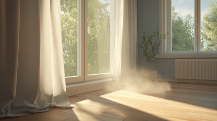 Fototapeta premium Bright indoor scene with sunlight filtering through curtains, highlighting dust particles, ideal for concepts of home comfort, cleanliness, and allergy awareness.