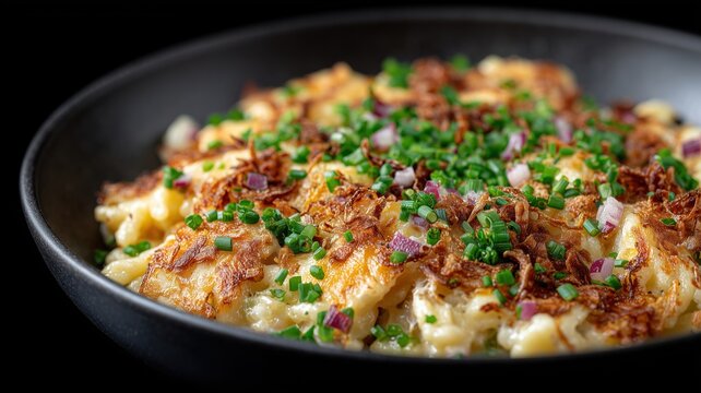 K&ouml;stliche schw&auml;bische Hausmannskost mit Sp&auml;tzle, geschmolzenem K&auml;se und R&ouml;stzwiebeln f&uuml;r kulinarisches Design