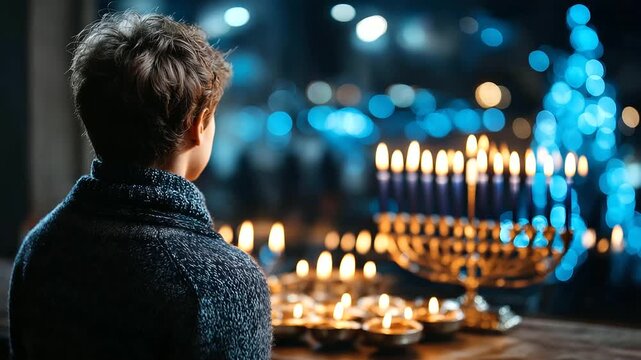 Jewish holiday Hanukkah background with menorah and faceless person in background, traditional celebration scene with human presence, with copy space