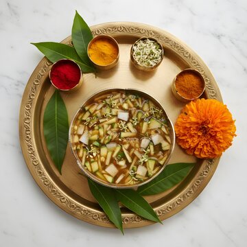 Traditional Ugadi Pachadi on a festive brass plate with fresh mango leaves, vibrant kumkum, turmeric, and marigold flower, symbolizing the six tastes of life for a prosperous New Year celebration.