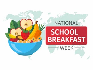 Fototapeta premium National school breakfast week logo with bowl of fruit and cereal on white background