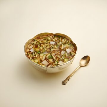 Traditional Ugadi Pachadi, a symbolic dish of six flavors, elegantly served in a silver bowl with a brass spoon, celebrating the Hindu New Year. Perfect for festive culinary content, cultural promotio