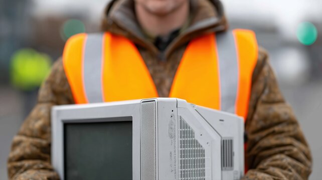 Elektroschrottmanagement im Kleinunternehmensbetrieb: Techniker verpacken alte Monitore und dokumentieren die digitale Nachweiskette.