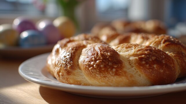 Osterbrunch in Deutschland mit geflochtenem Hefezopf und bemalten Eiern im Morgenlicht