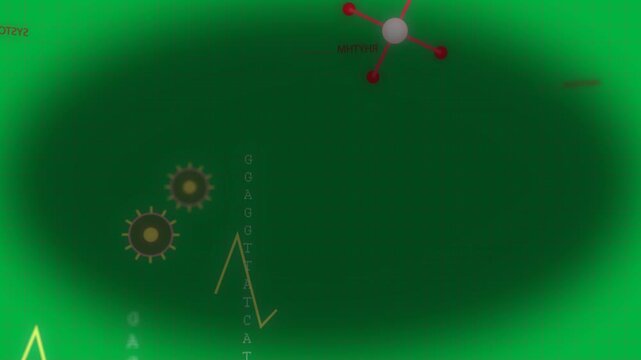 Gears tracing yellow path after gray-node pulse, pausing ATCG column, visualizing flow, transparent