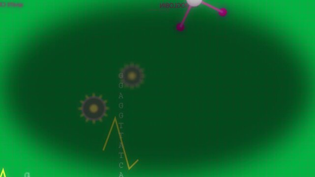 Yellow marker starting zigzag, gears shifting, ATCG column pulsing, showing data on transparent HUD