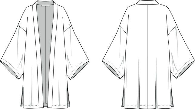 Blank women kimono cardigan robe fashion vector flat sketch template featuring wide sleeves, side slits, and front and back views.