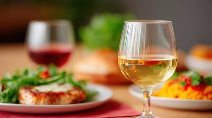 Naklejka premium Elegantes kulinarisches Erlebnis mit leeren Weingläsern und Gourmetmenü im Restaurantambiente