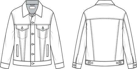 Denim jacket technical fashion flat sketch vector template drawing front and back view apparel design mockup for streetwear or casualwear © DALIARA 