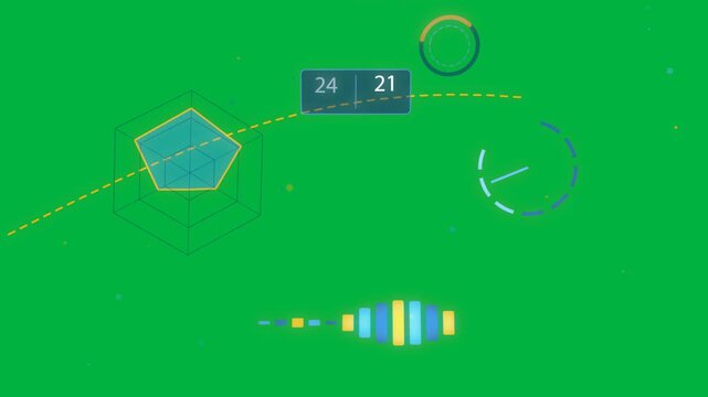 MATCHDAY update pentagon reaching arm to score, nodes pulsing on transparent canvas showing status
