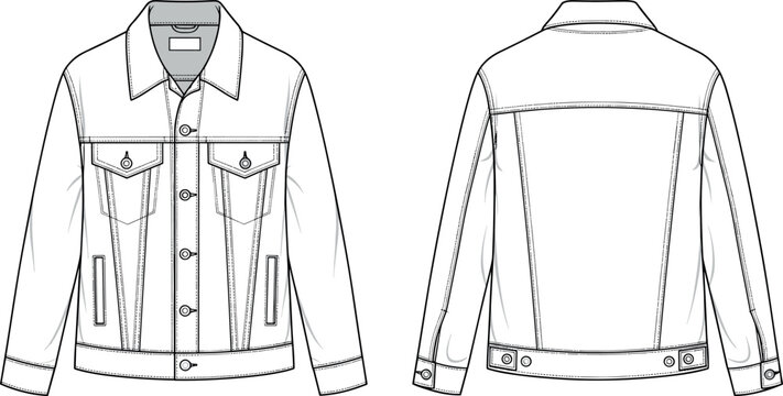 Denim jacket technical fashion flat sketch vector template drawing front and back view apparel design mockup for streetwear or casualwear