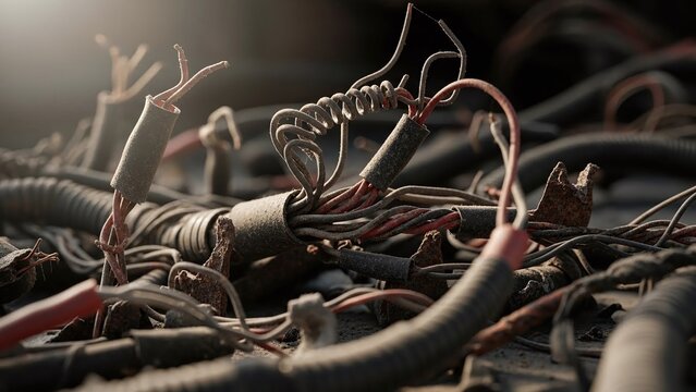 Close up of messy tangled old electrical wires and broken cables with frayed insulation in sunlight
