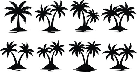 Black silhouette tropical islands with palm trees set, isolated vector icons collection for beach, summer, travel, holiday, paradise, exotic nature design themes © Creative World