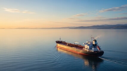 Fototapeta premium Large cargo ship sailing on calm water with morning light and sky backdrop