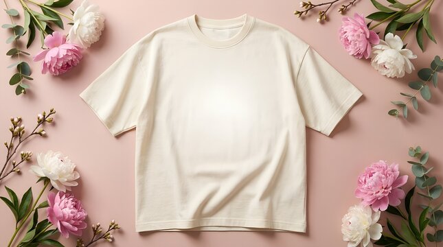 Blank Off-White T-Shirt Mockup with Floral Frame Flat Lay