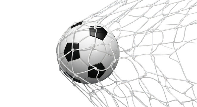 Soccer ball flying into goal net on transparent background with black panels