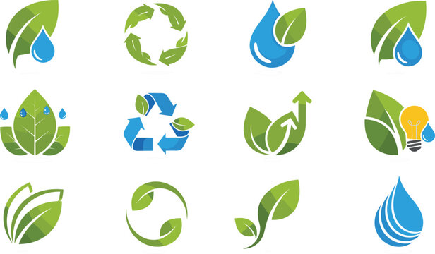 Eco friendly nature and water conservation icons set with leaves recycle symbols and sustainable energy elements